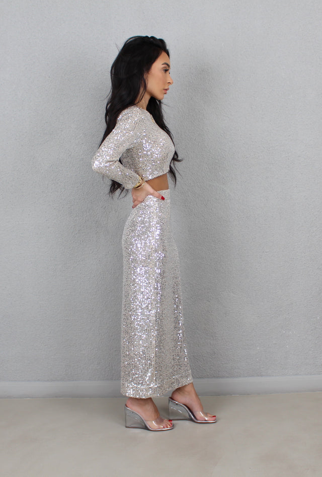 SILVER SEQUIN MIDI SKIRT