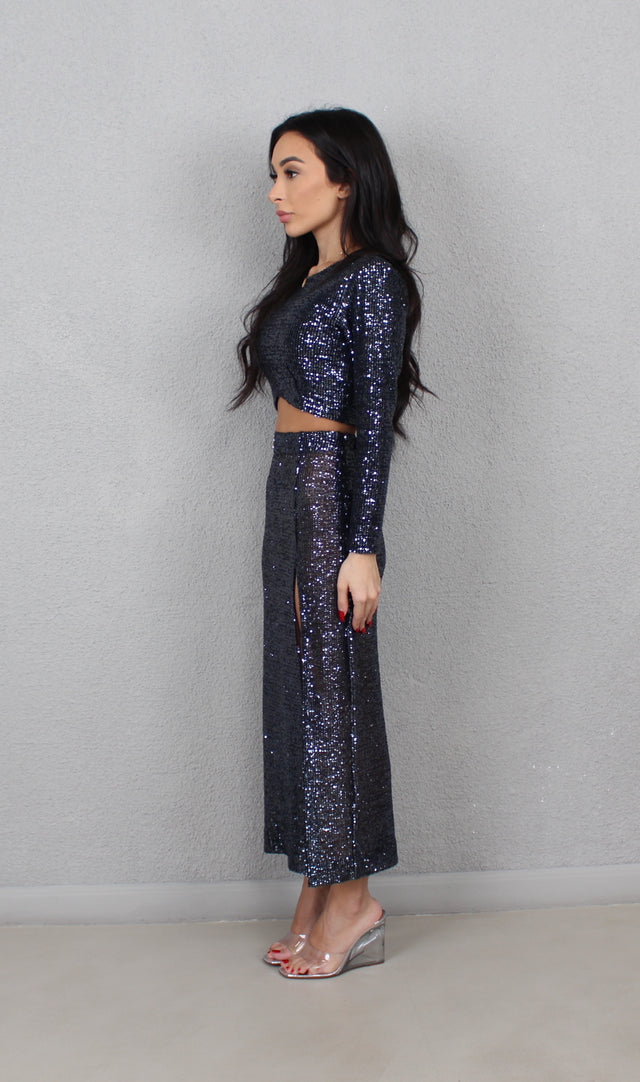NAVY SEQUIN MIDI SKIRT