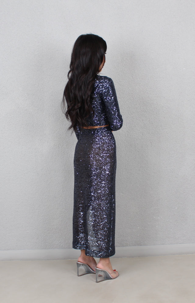 NAVY SEQUIN MIDI SKIRT
