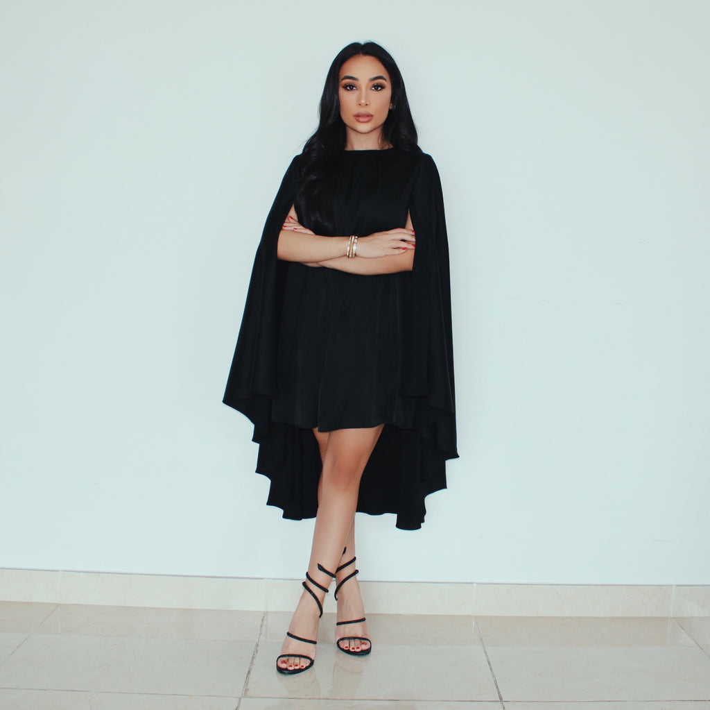 BLACK CAPE MINI DRESS PETITE-THE-BRAND BLACK CAPE MINI DRESS PETITE-THE-BRAND