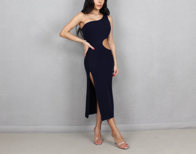 NAVY KNIT MIDI DRESS