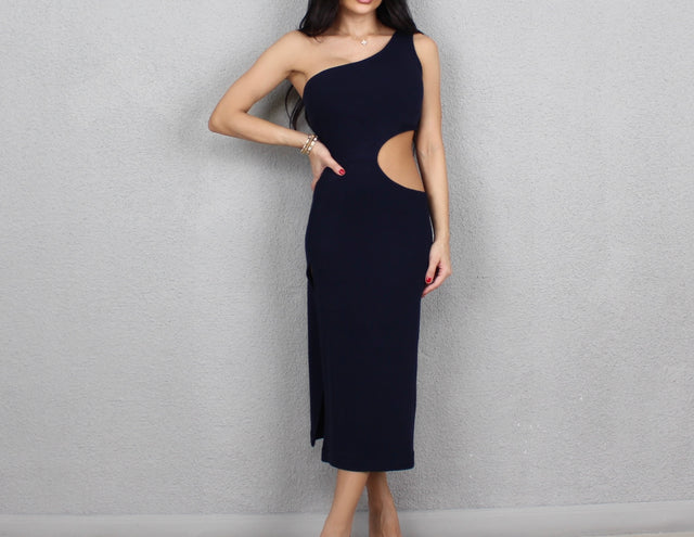 NAVY KNIT MIDI DRESS