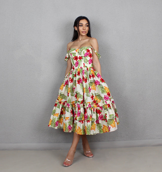 TROPICANA CREAM MIDI DRESS – PETITE-THE-BRAND