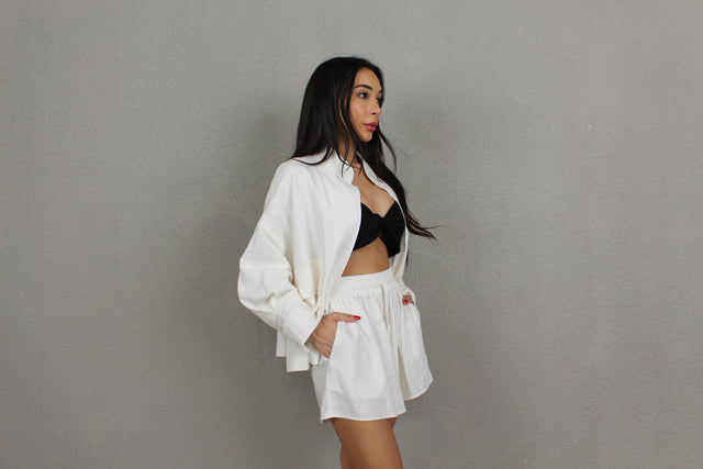 WHITE LINEN CARGO JACKET