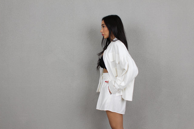 WHITE LINEN CARGO JACKET