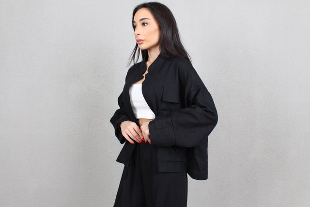 BLACK LINEN CARGO JACKET