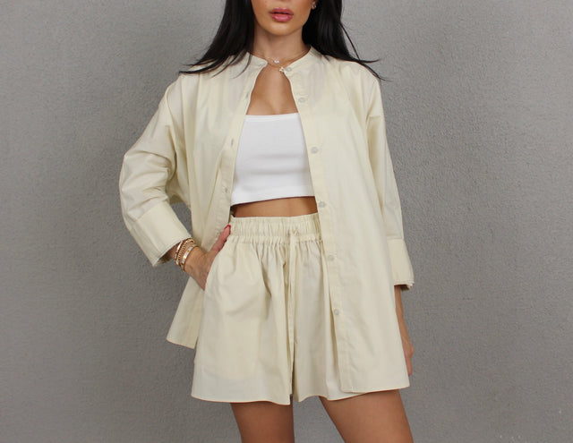 BUTTERMILK COTTON COLLARLESS OVERSIZED SHIRT