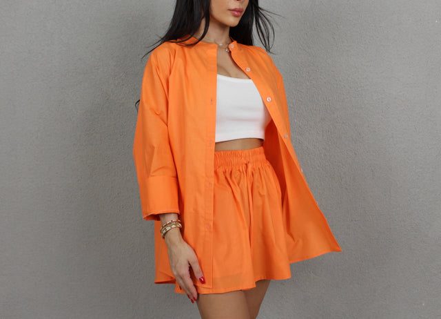 PUMPKIN COTTON COLLARLESS OVERSIZED SHIRT