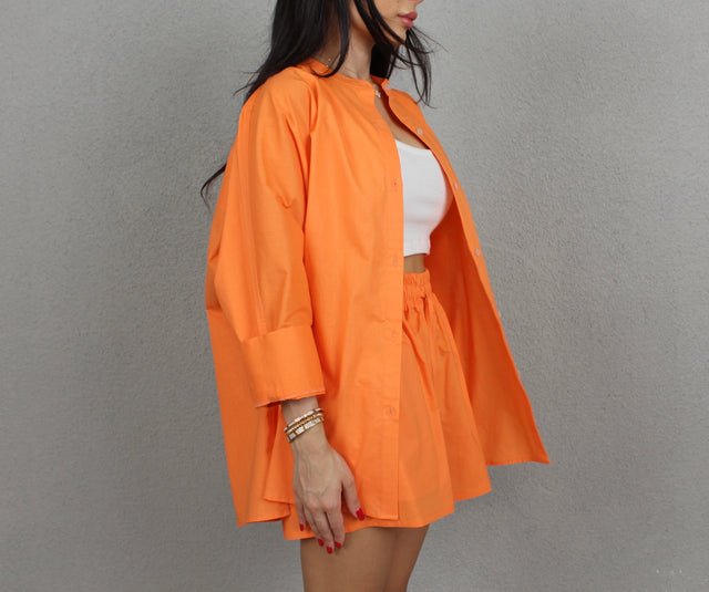 PUMPKIN COTTON COLLARLESS OVERSIZED SHIRT