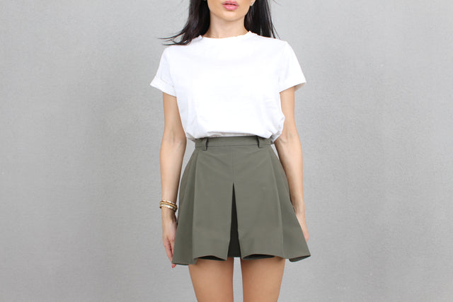 Khaki Box Pleat Mini Skirt