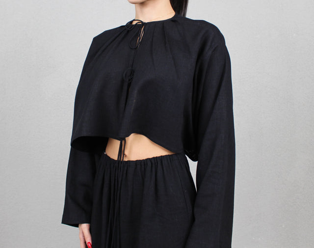 BLACK LINEN CROPPED SHIRT