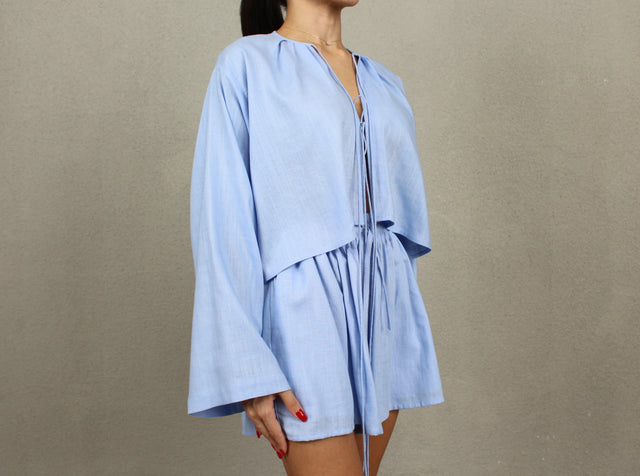 BLUE LINEN CROPPED SHIRT