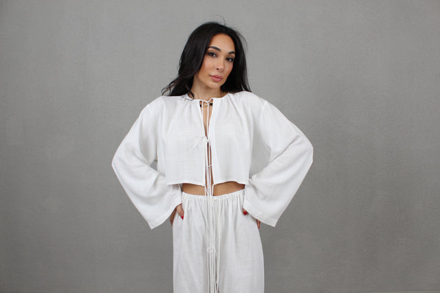 WHITE LINEN CROPPED SHIRT