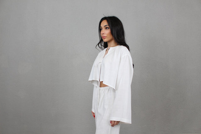 WHITE LINEN CROPPED SHIRT