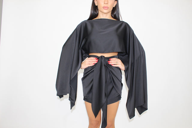BLACK DRAPE MINI DRESS