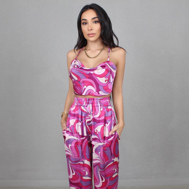 PURPLE BERRY SWIRL SILK COWL NECK TOP
