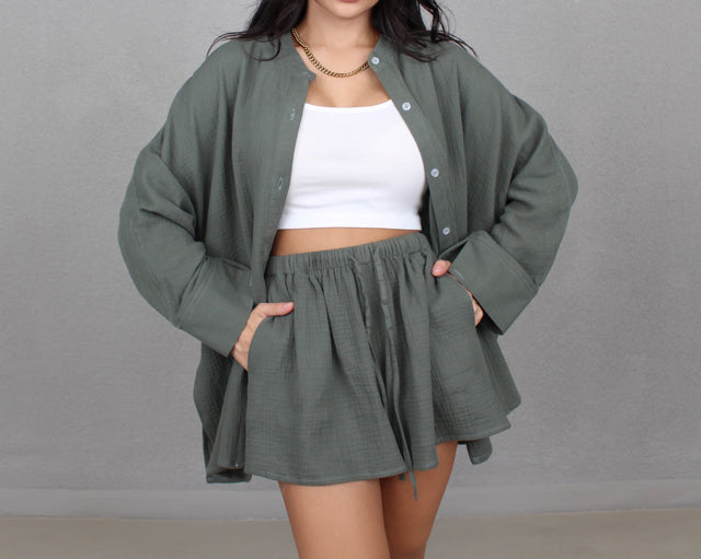 KHAKI CRINKLE OVERSIZED SHIRT