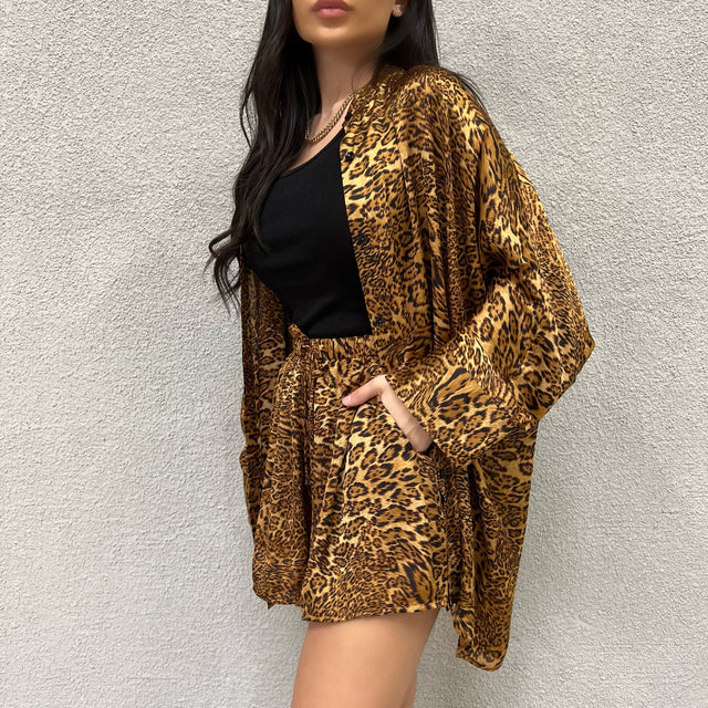 LEOPARD PRINT COLLARLESS OVERSIZED SILK SHIRT