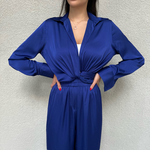 COBALT TIE FRONT SILK SHIRT