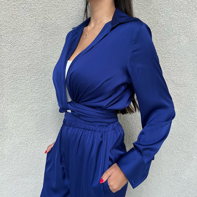 COBALT TIE FRONT SILK SHIRT