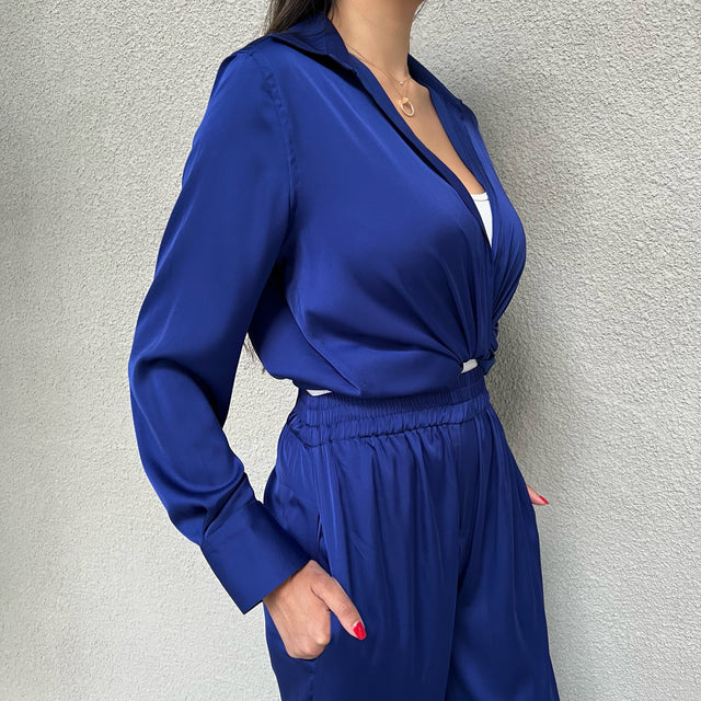 COBALT TIE FRONT SILK SHIRT