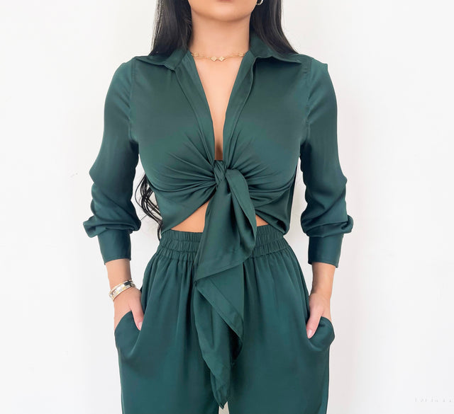 EMERALD TIE FRONT SILK SHIRT