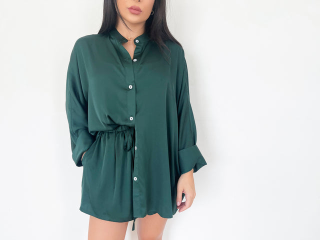 EMERALD COLLARLESS OVERSIZED SILK SHIRT