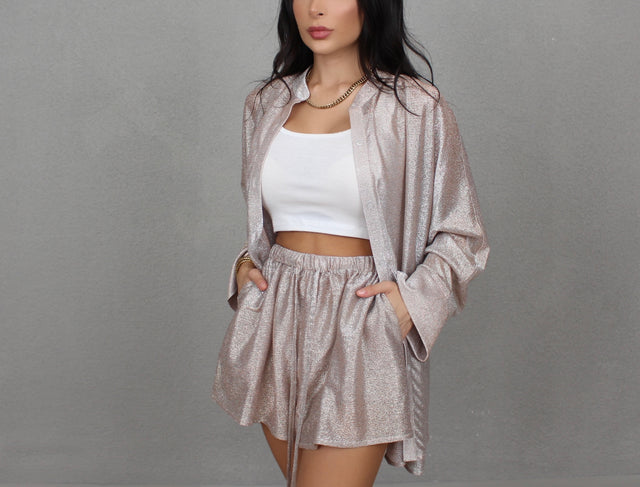 ROSE GOLD LAMÉ SHORTS