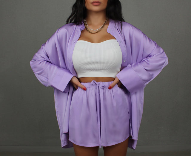 LAVENDER COLLARLESS OVERSIZED SILK SHIRT