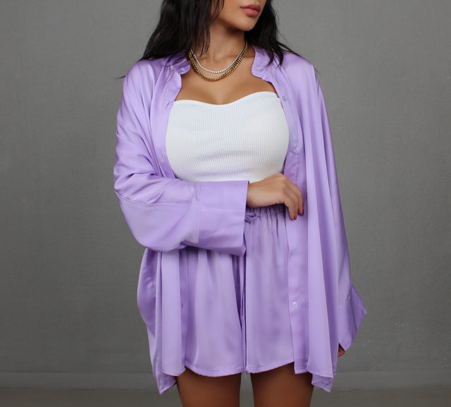 LAVENDER COLLARLESS OVERSIZED SILK SHIRT