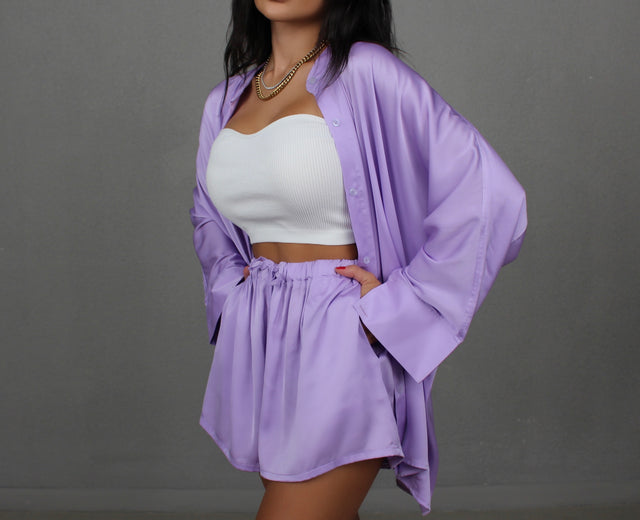 LAVENDER COLLARLESS OVERSIZED SILK SHIRT