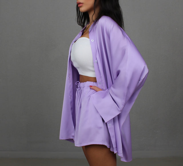 LAVENDER COLLARLESS OVERSIZED SILK SHIRT