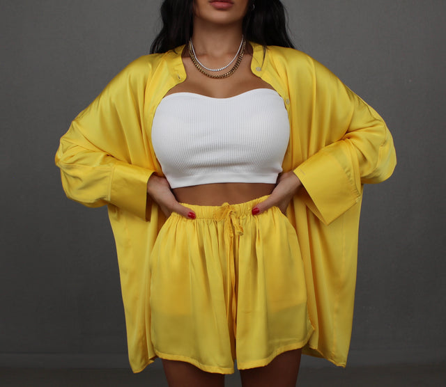 SUNFLOWER YELLOW COLLARLESS OVERSIZED SILK SHIRT