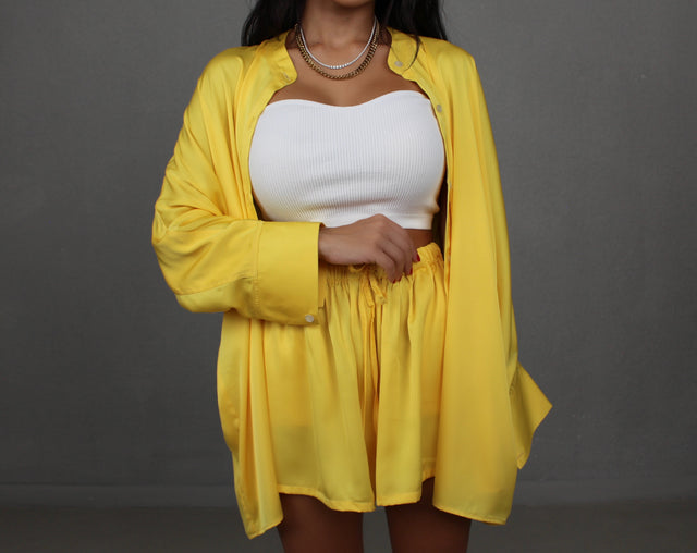 SUNFLOWER YELLOW COLLARLESS OVERSIZED SILK SHIRT