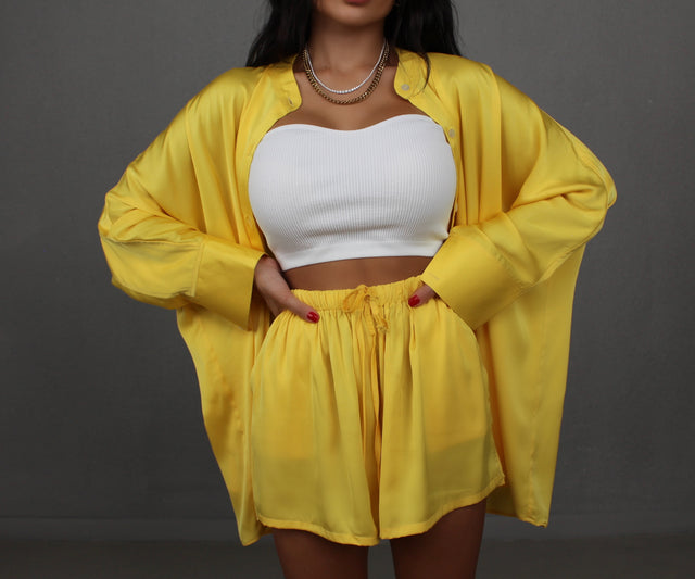 SUNFLOWER YELLOW COLLARLESS OVERSIZED SILK SHIRT