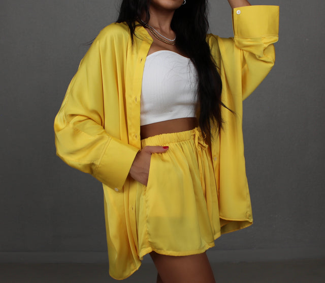 SUNFLOWER YELLOW COLLARLESS OVERSIZED SILK SHIRT