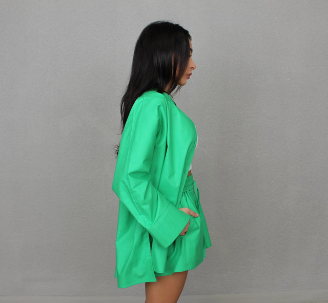 BAMBOO GREEN COTTON COLLARLESS OVERSIZED SHIRT