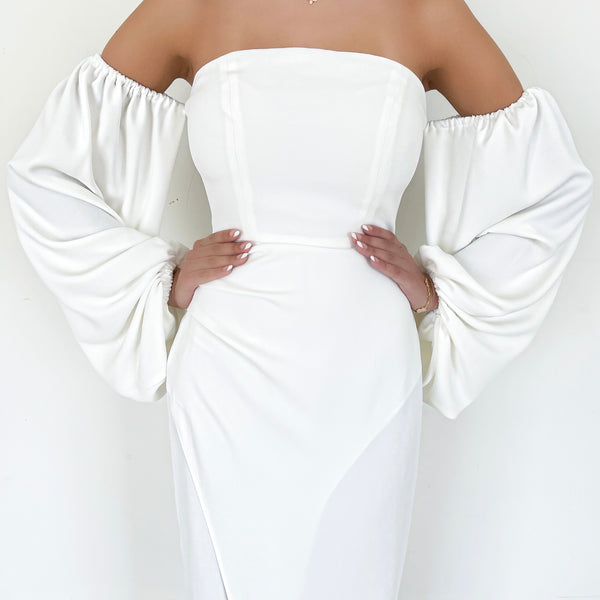 strapless ivory dresses Bex Strapless Slinky Maxi Dress With Split - Ivory