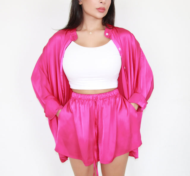 HOT PINK SILK OVERSIZED SHIRT