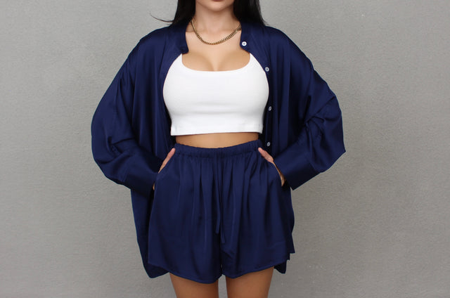 NAVY OVERSIZED COLLARLESS SILK SHIRT