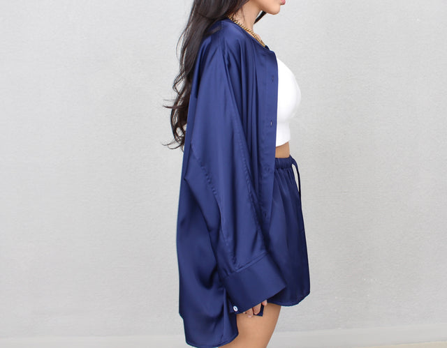 NAVY OVERSIZED COLLARLESS SILK SHIRT