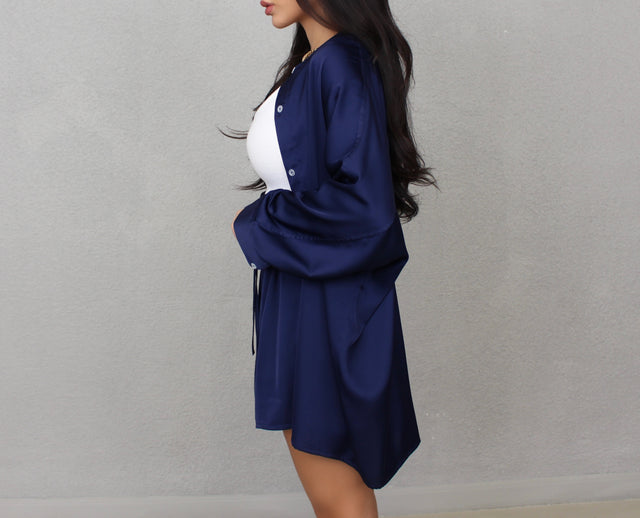 NAVY OVERSIZED COLLARLESS SILK SHIRT