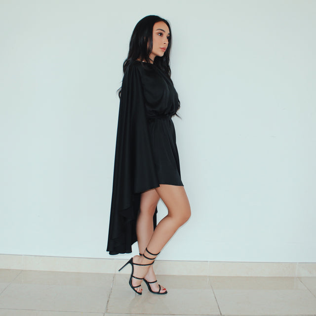 BLACK CAPE MINI DRESS PETITE-THE-BRAND BLACK CAPE MINI DRESS PETITE-THE-BRAND