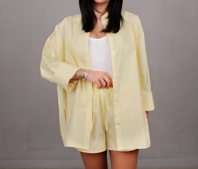 BUTTER YELLOW COTTON COLLARLESS OVERSIZED SHIRT