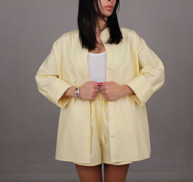 BUTTER YELLOW COTTON COLLARLESS OVERSIZED SHIRT