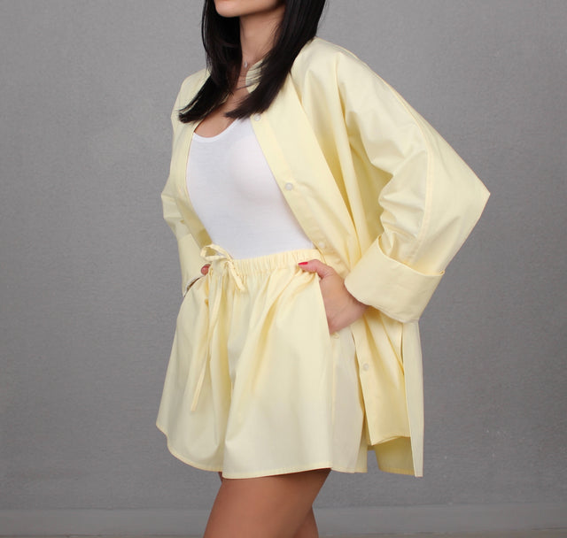 BUTTER YELLOW COTTON COLLARLESS OVERSIZED SHIRT