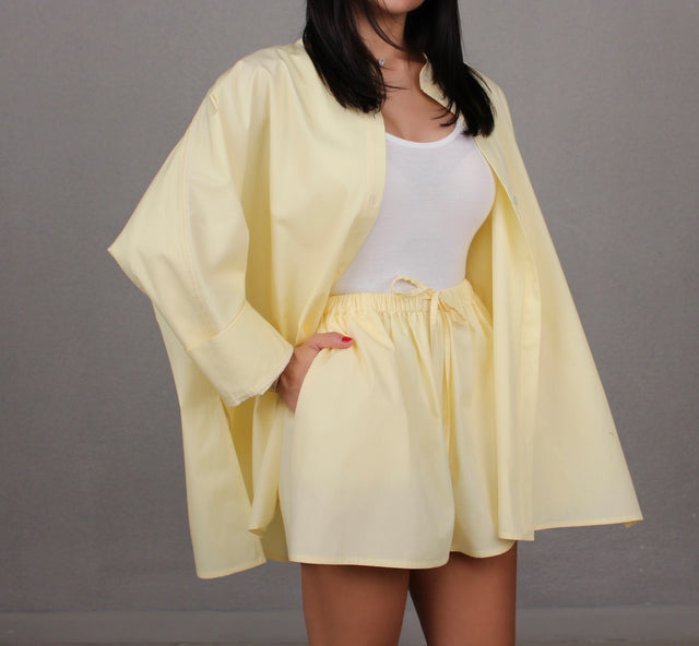 BUTTER YELLOW COTTON COLLARLESS OVERSIZED SHIRT