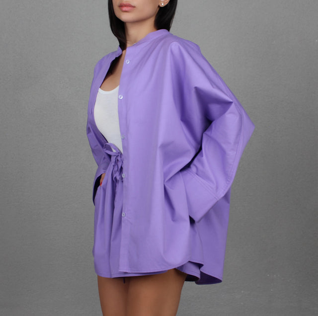 UBE PURPLE COTTON COLLARLESS OVERSIZED SHIRT