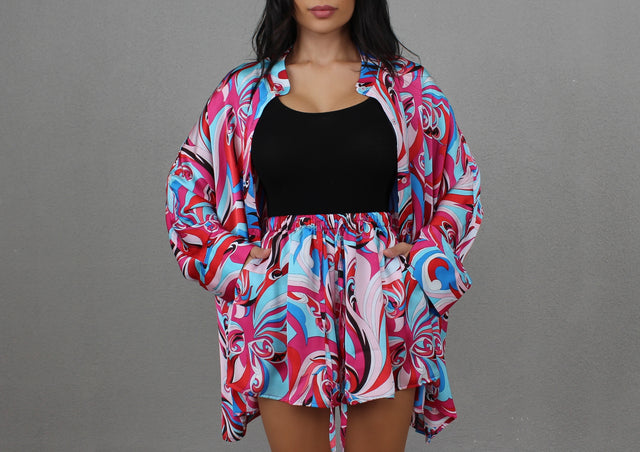 BLUEBERRY SWIRL COLLARLESS OVERSIZED SILK SHIRT