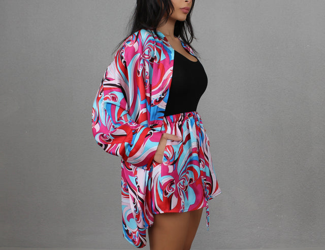 BLUEBERRY SWIRL COLLARLESS OVERSIZED SILK SHIRT